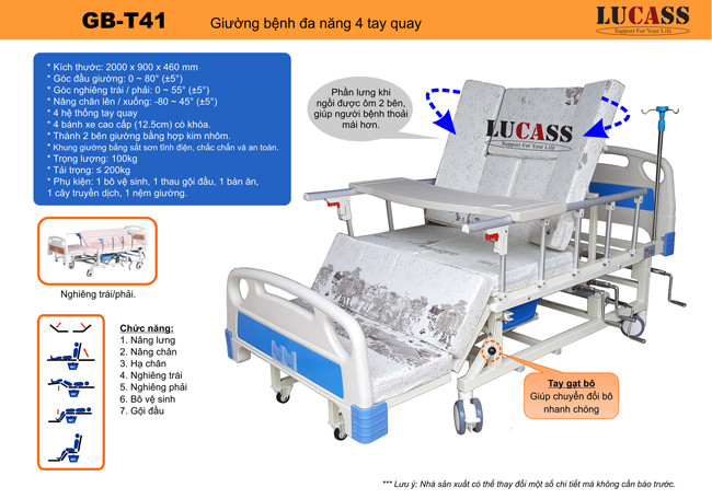  GIƯỜNG BỆNH NHÂN ĐA CHỨC NĂNG 4 TAY QUAY LUCASS GB-T41 (GB-C41)